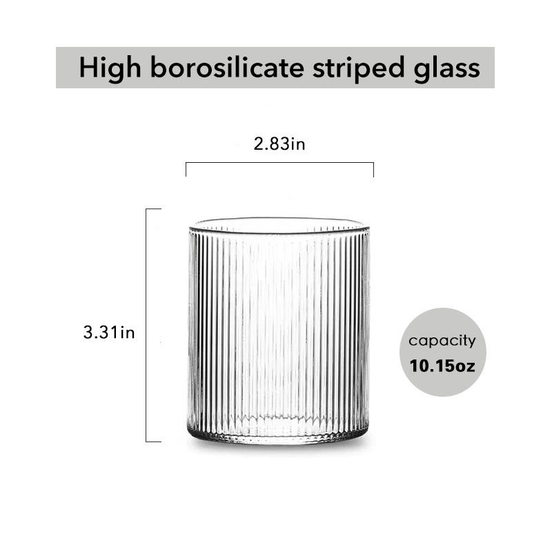 10oz Premium Glass Coffee Mug with Handle – Classic Vertical Stripes Transparent Tea Cup for Hot/Cold Beverages (1/2 Pcs)
