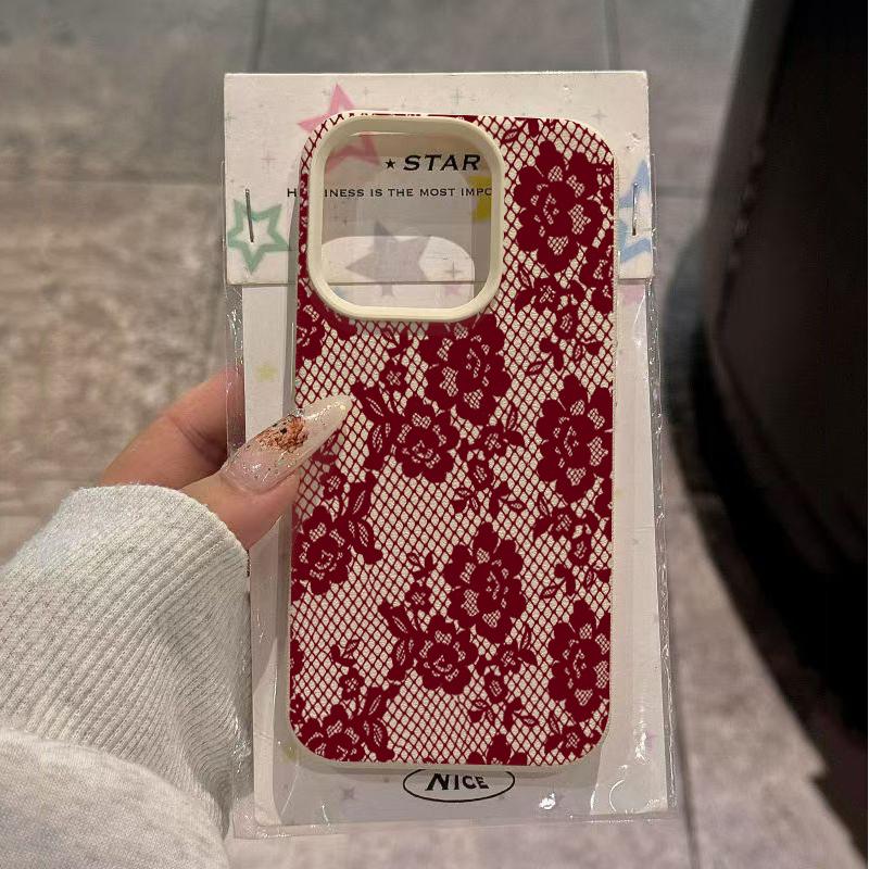 Korean INS Wine Red Rose Lace Phone Case For Xiaomi Redmi Note 12 13 14 15 Pro Plus 13C 14C 15C 10S 11 12 Lens Protection Cover