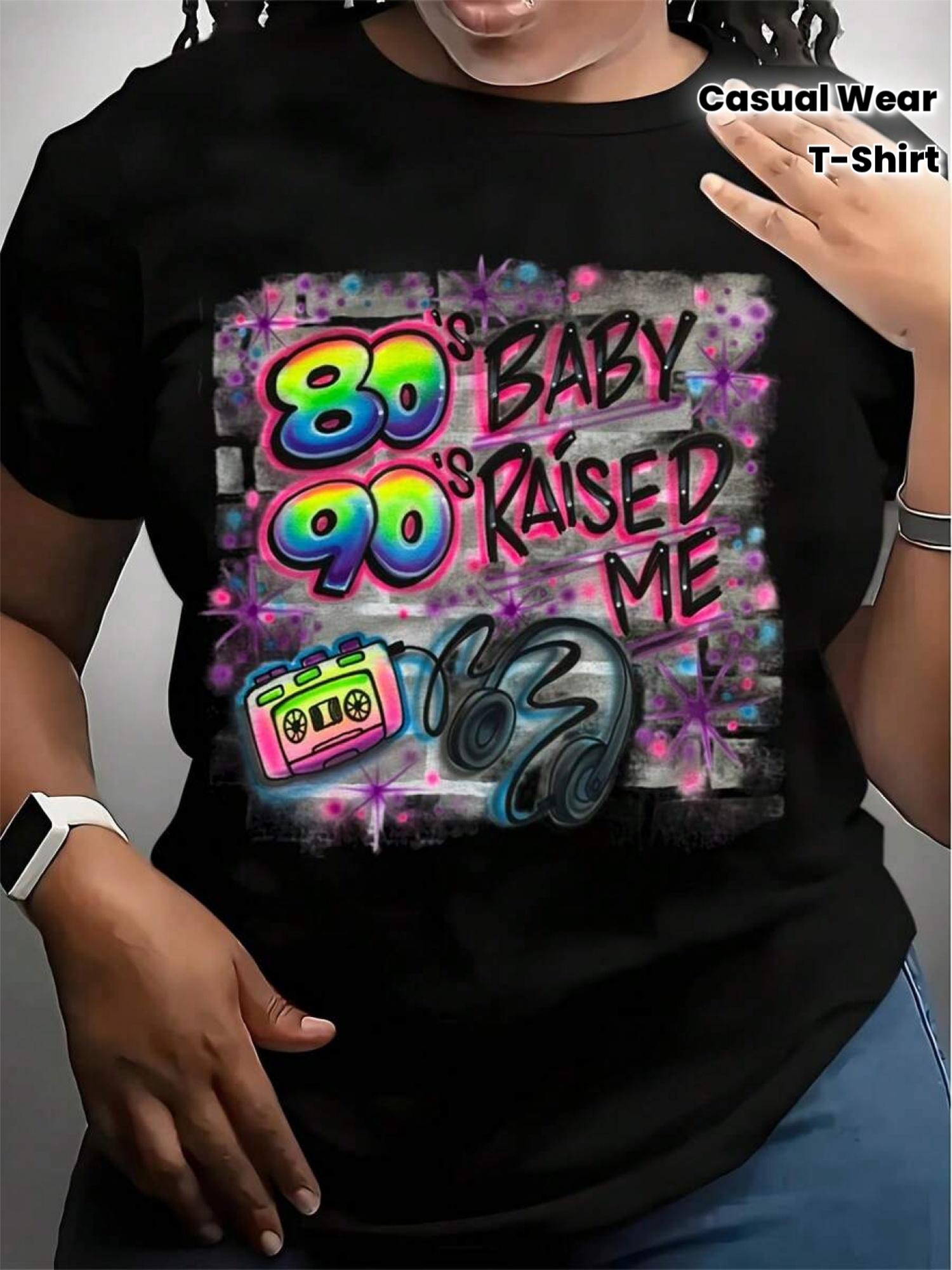 

Women s T-Shirt with 80s 90s Raised Me Retro Pop Art Print, Neon Colors And Cassette Tape Design, Perfect for 90s Themed Parties And Casual Wear, 180g 5XL різнокольоровий