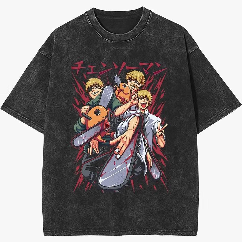 Chainsaw Man Denji and Pochita Anime Printed Tshirt Mens and Womens Washed Tshirt High Quality Vintage Cotton Tshirt