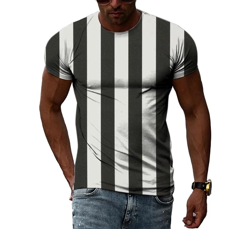 Fashionable New Vertical Stripe Pattern Men's T-shirt Casual Personality Cool Printed Short Sleeved Minimalist O-neck Top