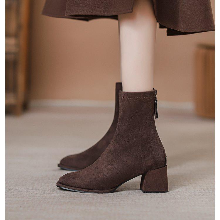 

Замша 2025 темперамент толстый каблук осень и зима квадратный носок высокий каблук короткие ботинки женские тонкие ботинки эластичные французские новые универсальные 40 темно-коричневого
