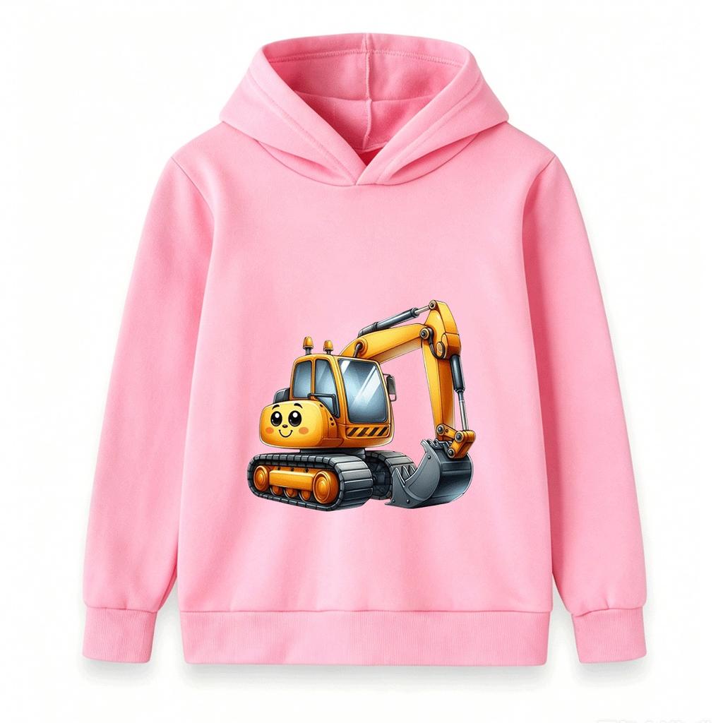 Kids Hooded Sweatshirt Cute Cartoon Excavator Print Casual Long Sleeve Pullover Hoodie for Boys Girls Daily Wear