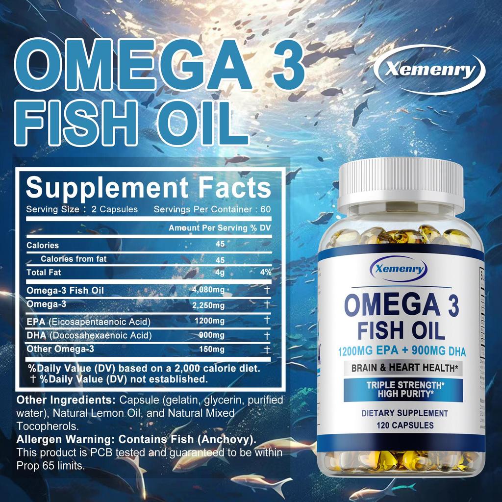 Premium Omega-3 fish oil capsules, rich in EPA 1200mg + DHA 900mg, promote brain, heart and eye health, and boost immunity.