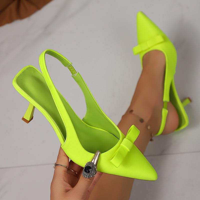 Light Green Bowkont Decoration Pumps Women Sexy Pointed Toe Sling Back Pumps Women Spike Thin High Heels Shoes Woman