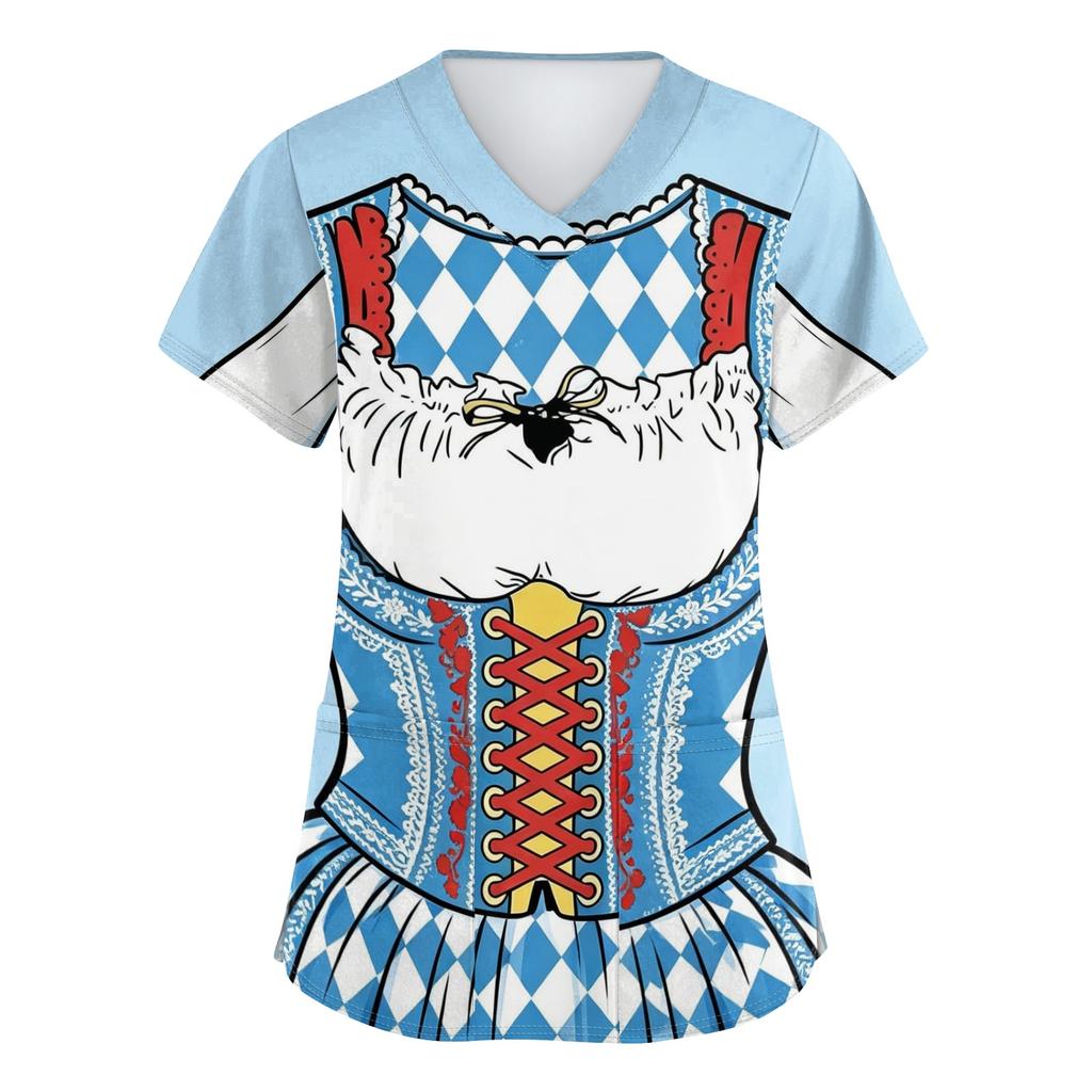 Women's V Neck Short Sleeve Work Shirt with Pockets Oktoberfest Print Medical Uniform Top Nurse Scrub Tee for Healthcare Professionals