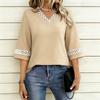 Women V Neck Short Sleeve Casual T Shirt Lace Trim Patchwork Relaxed Fit Lightweight Top for Everyday Wear