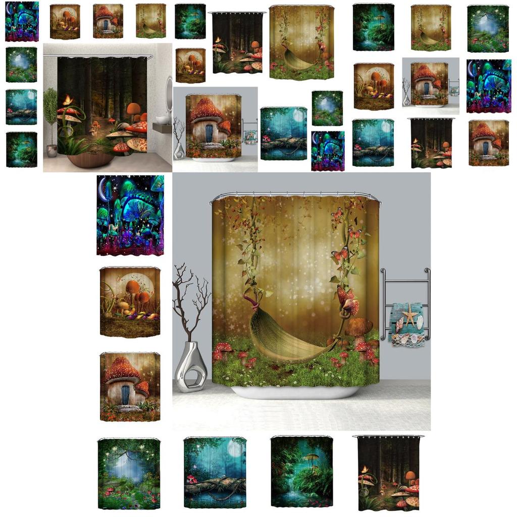 Hochwertiger Polyester-Duschvorhang mit verträumtem Waldpilz-Schaukel-Druck