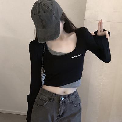 Cotton-included Autumn New Short Slim Slim T-shirt for Women with Cute Long-sleeved Fake Two-piece Navel Top