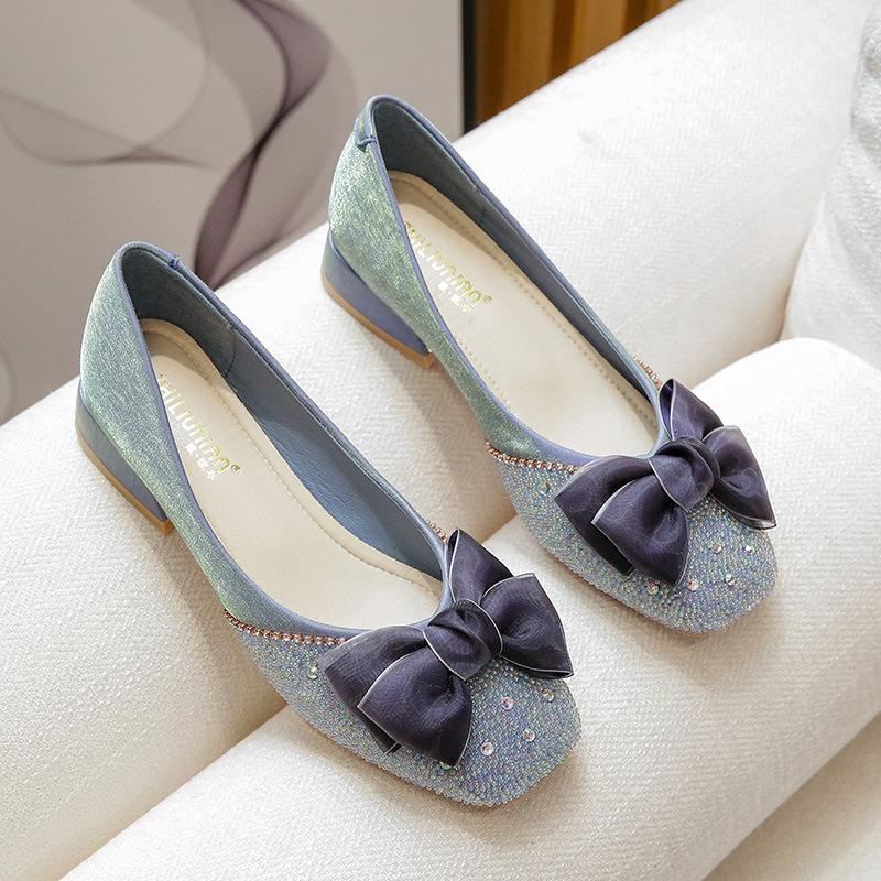 Shiny Crystal Bowknot Pumps Women 2024 New Thick Heels Rhinestone Wedding Party Shoes Fashion Woman Square Toe Pumps