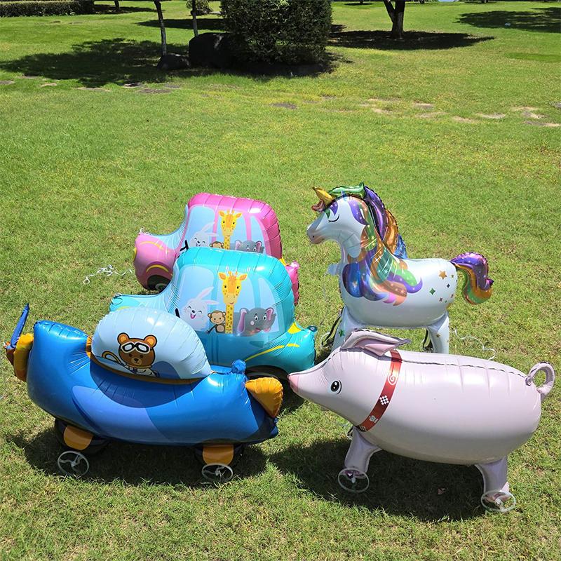 Large Size 4D Dinosaur Dog Cat Standing Foil Balloons Animals Walking Balloon With Wheel For Kids Birthday Party Decoration