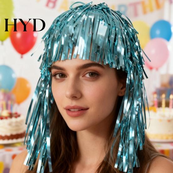 PET Glossy Ribbon Wig Colorful Foil Tinsel Wigs Metallic Fancy Party Shiny Cosplay Costume Photo Booth Prop for Adults Women Reflective Hair
