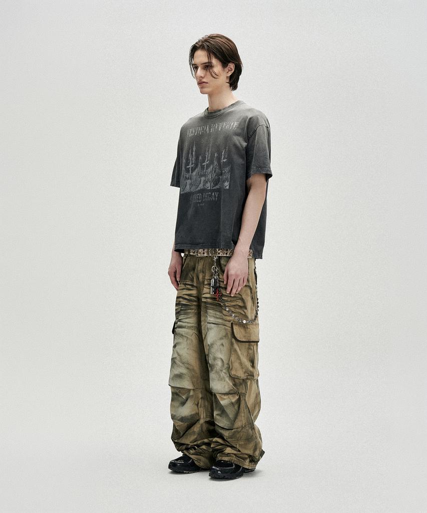 NOT4NERD Triple Sanctuary Bleach Washed Loose Cropped T-Shirts - Charcoal