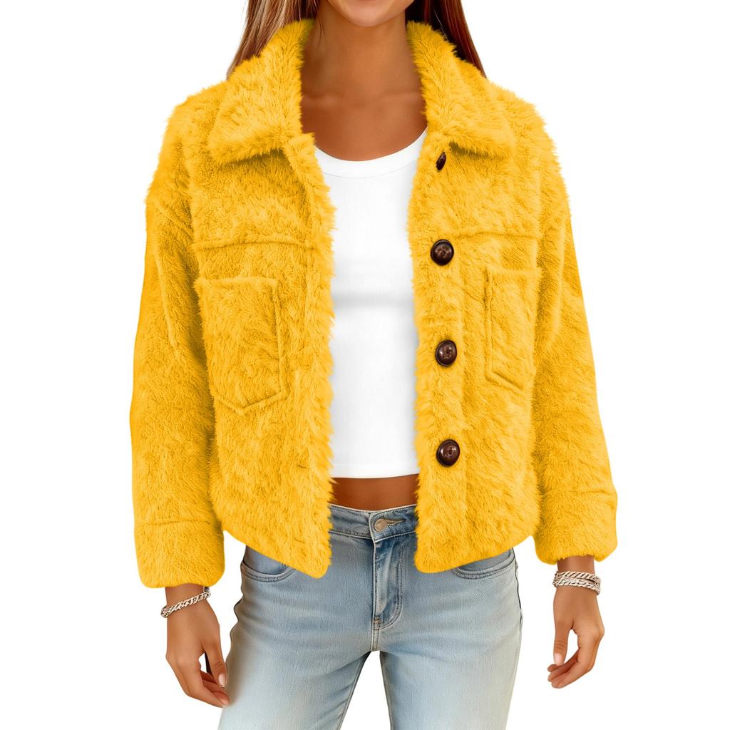 Women's Fashionable Solid Color Long Sleeved Pocket Plush Warm And Loose Casual Short Jacket