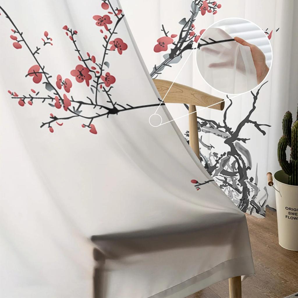 Chinese Style Plum Blossom Butterfly Chiffon Sheer Curtains For Living Room Home Decoration Window Voile Tulle Curtain Drapes