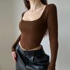 Knitted Square Neck Long Sleeved Undershirt for Women's Clothing, Revealing Belly Button, Slim Fit Short Top