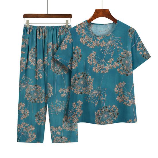 2Pcs/Set Women Pajamas Set Floral Print Short Sleeve Elastic Waist Wide Leg Pleated Trousers T-shirt Pants Set Mid-aged Grandmother Homewear Set