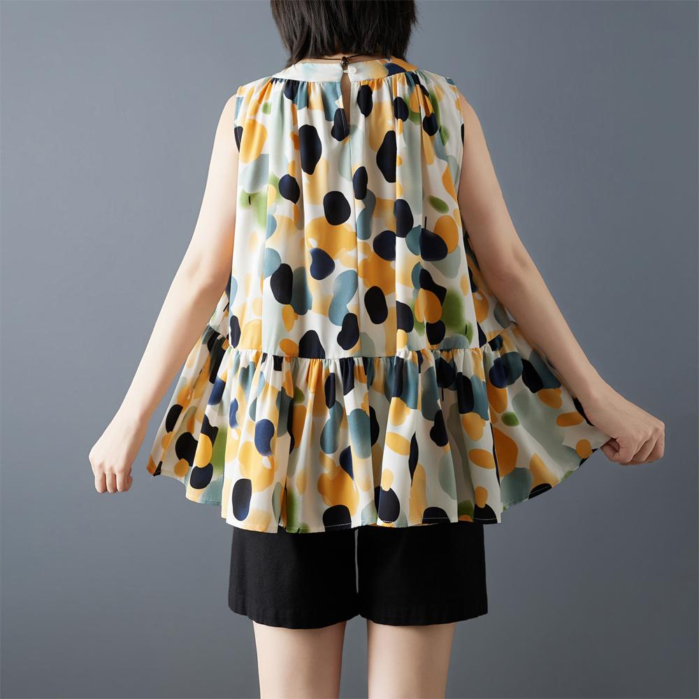 DIMANAF 2026 New Summer Plus Size Women Shirts Tees Casual Loose Blouse Print Sleeveless Lady Tops Pleated