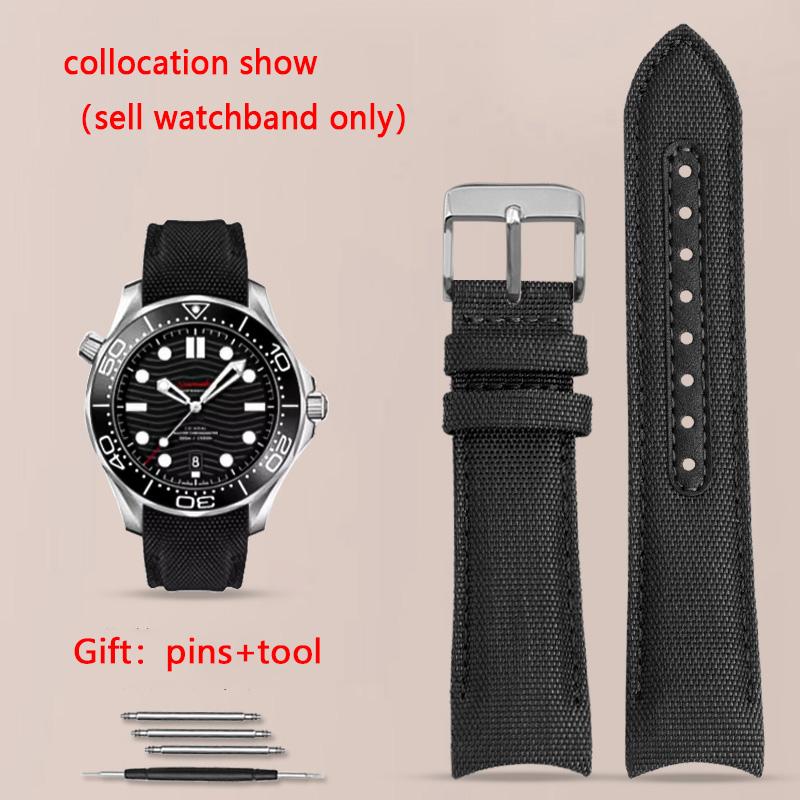 Curved End Watchband for Omega Seamaster 300 Watchband Nylon Canvas Wrist Bracelet for Seiko Rolex Water Ghost Straps 20mm 22mm