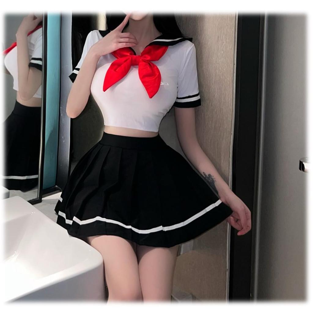 [ST TS] Sexy Sailor Uniform Cosplay Uniform Midriff-Baring Miniskirt for High School Students, JK, School Uniform, Cute and Cute for Adults (Red)