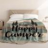1pc Rustic Happy Camper Wood Grain Pattern Flannel Blanket for Camping Home Decor