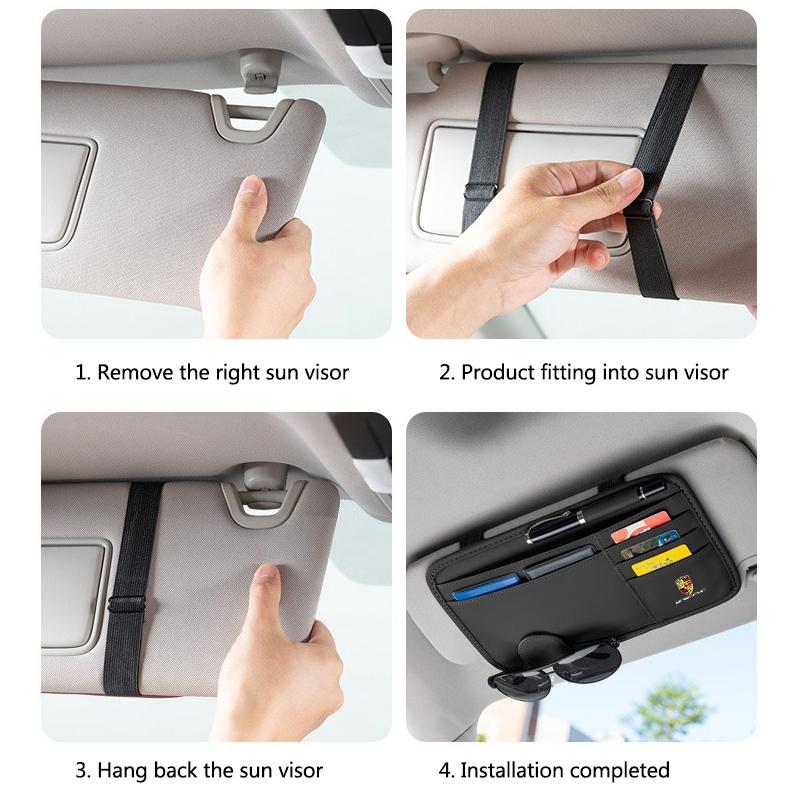 AEKUQ1 1PC Car Sun Visor Multi-function Eyeglasses Clips Card Storage Bag For Porsche Cayenne Panamera Macan 911 718 918 Taycan Boxster