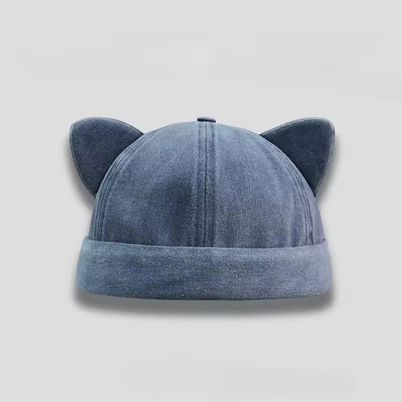 Süßer Hut ohne Schirm mit Katzenohren Lässige Persönlichkeit Melonenhaut Mützenmütze Atmungsaktiv Gewaschener alter Unisex Beanie-Hut