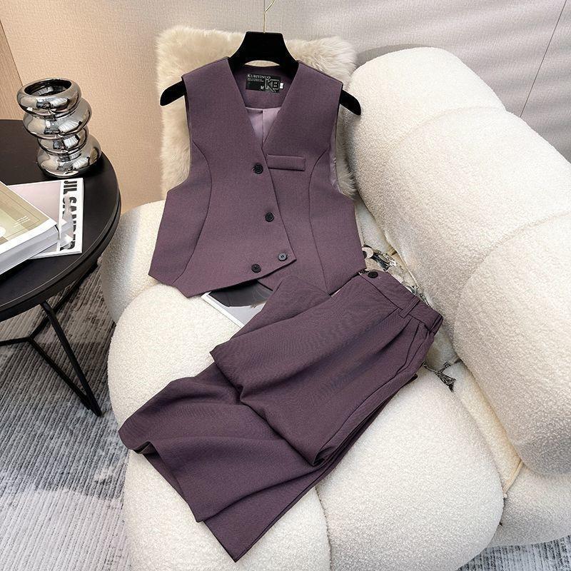 Einfaches Damen-Frühlings-/Herbst-Set: Ärmellose Blazerweste + Gerade Hosen Einfarbig, Slim-Fit Zweiteiliges Pendler-Set