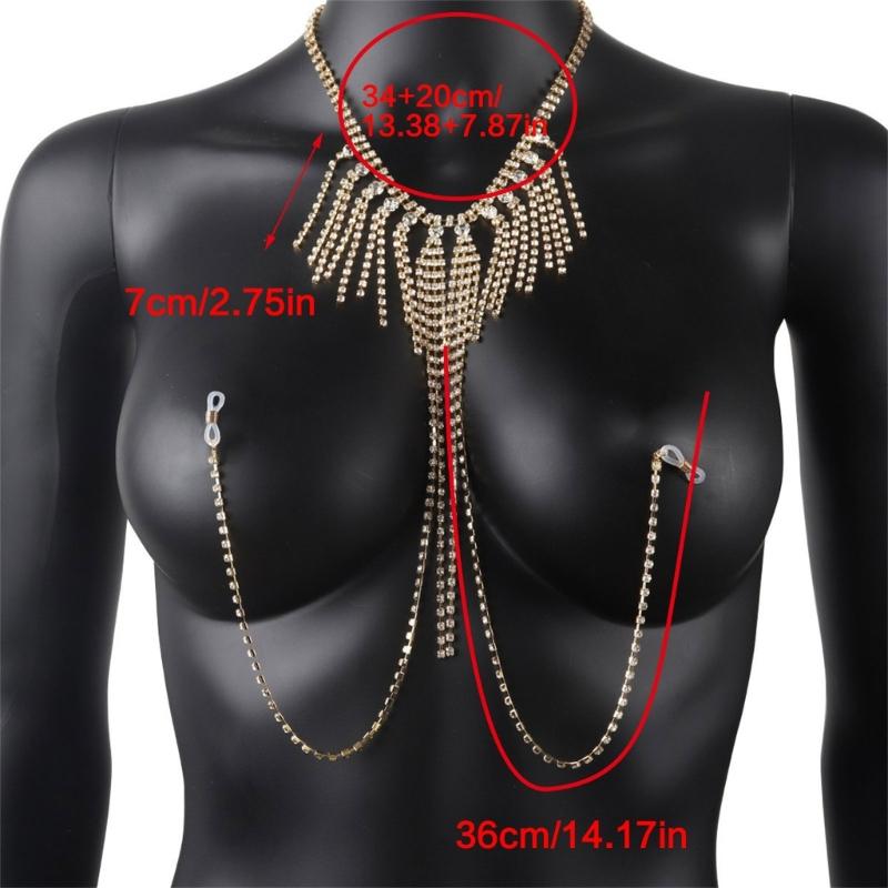 Crystal Rhinestones Fringe Body Chain Necklace Stylish Bra Chain Fashion Neck Jewelry Piece For Evening Event