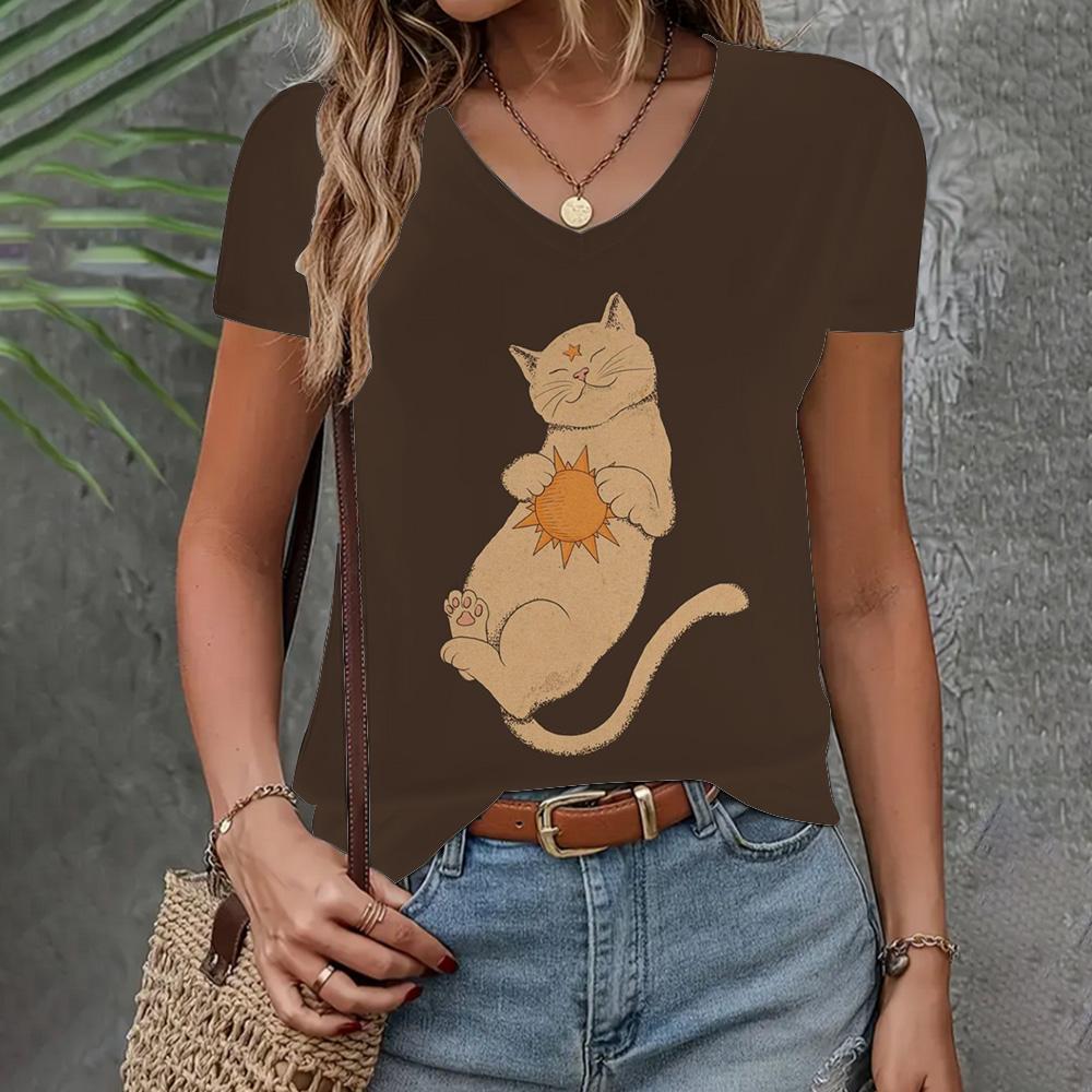 Women's Clothing T-shirt New V-neck Short Sleeve Cat Pattern Fashion Top Summer Loose And Breathable Clothing Women's T-shirt