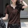 Women Summer V Neck Short Sleeve T-shirt Solid Color Waist Slim Korean Style Casual Commuter Blouse With Buttons