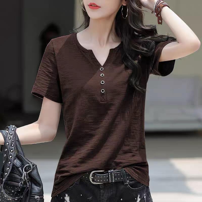 Women Summer V Neck Short Sleeve T-shirt Solid Color Waist Slim Korean Style Casual Commuter Blouse With Buttons