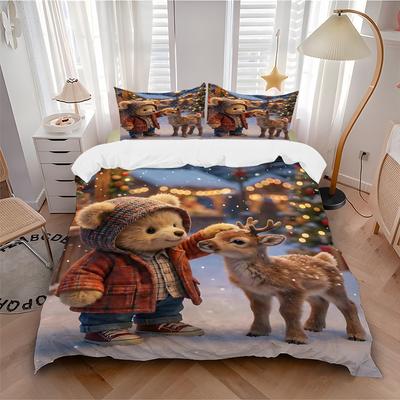 3pcs Christmas Deer and Bear Bedding Set - Includes One Quilt Cover and Two Pillowcases (No Core) - Festive Gift for Bedroom Decor - Anime C