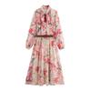 Spring 2025 Women's Floral Print Dress with Belted Tie Neckline