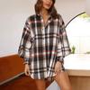 Women Spring Autumn Temperament Large Lapel Collar Plaid Shirt Loose Blouses Long Lantern Sleeve Cardigan S-XL