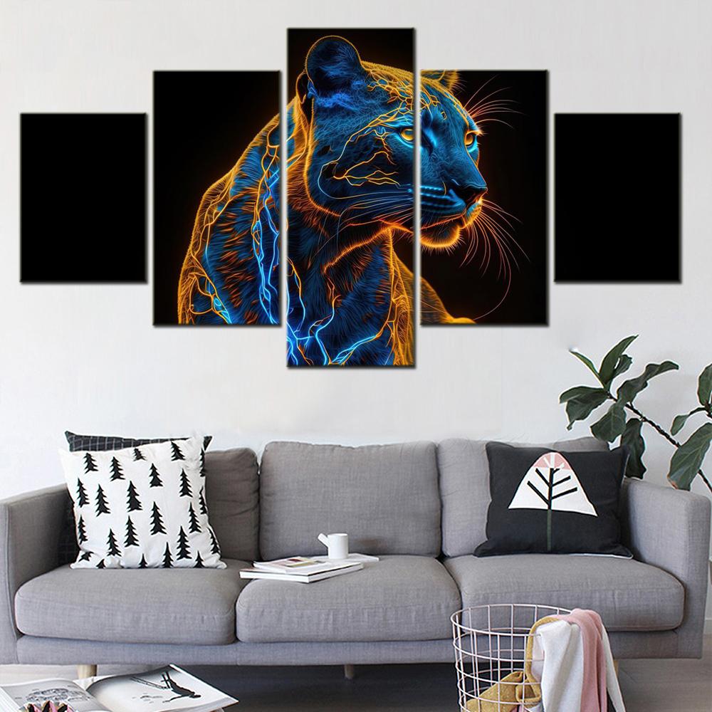 5 Pieces Canvas Wall Arts Poster Painting Animals Black Panther AI Art Wallpaper Home Decor Picture Print For Interior Artwork No Frame