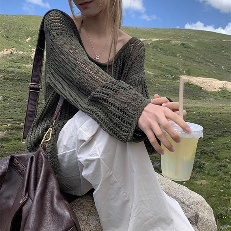 Fashion Loose Long Sleeve Hollow Out Knitted Sweater Women Casual Outer Blouse Thin Hollow Spring Summer Covers Up Long Air-conditioning Shirt Top