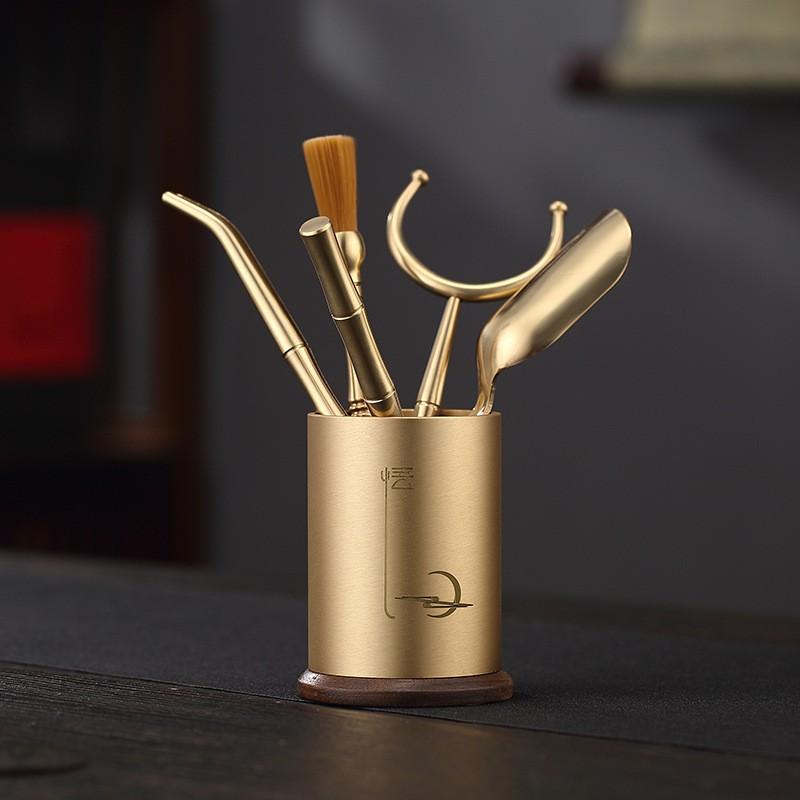 Copper Ebony Wood Tea Ceremony Six Tools Set Gongfu - Teaspoon Pick Tongs Scoop Brush Caddy
