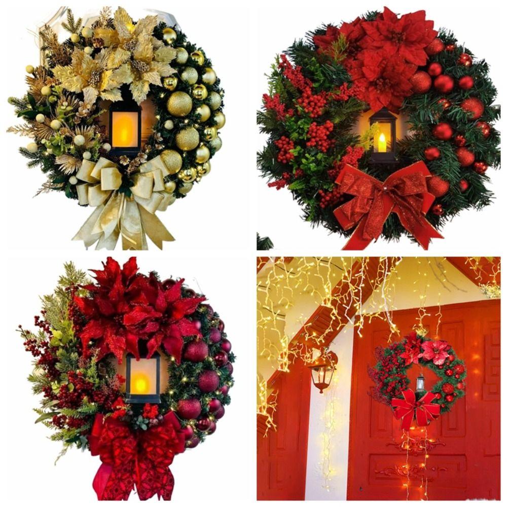 

With Lamp Christmas Wreath Artificial Berry Bow Ball Big Red Flower Garden Wreath Balcony