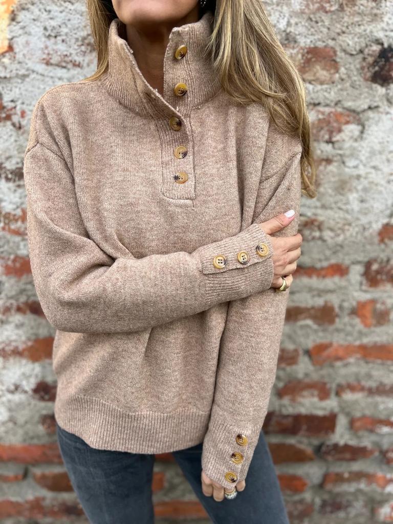 Autumn New Style Stand Collar Knit Sweater Women's Casual Loose Pullover with Buttons