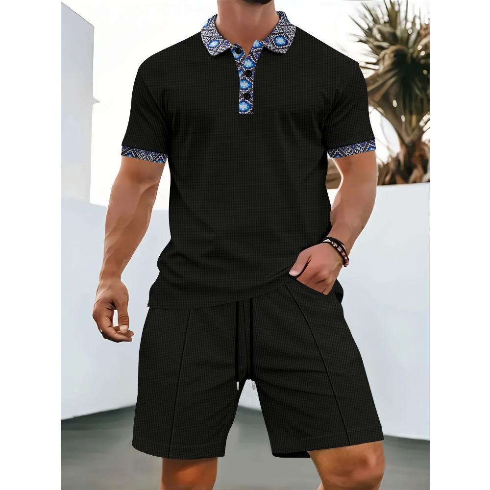 Sommer Herren Waffelknöpfe einfarbig Revers Kurzarm T-Shirt Shorts Freizeitanzug