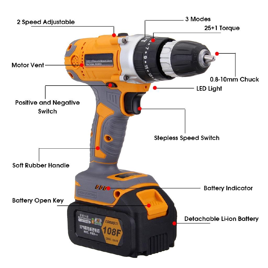 Electric Drill Wrench Screwdriver Cordless Drill 108V Double Speed Household Car Tools Rechargeable Lithium Battery New