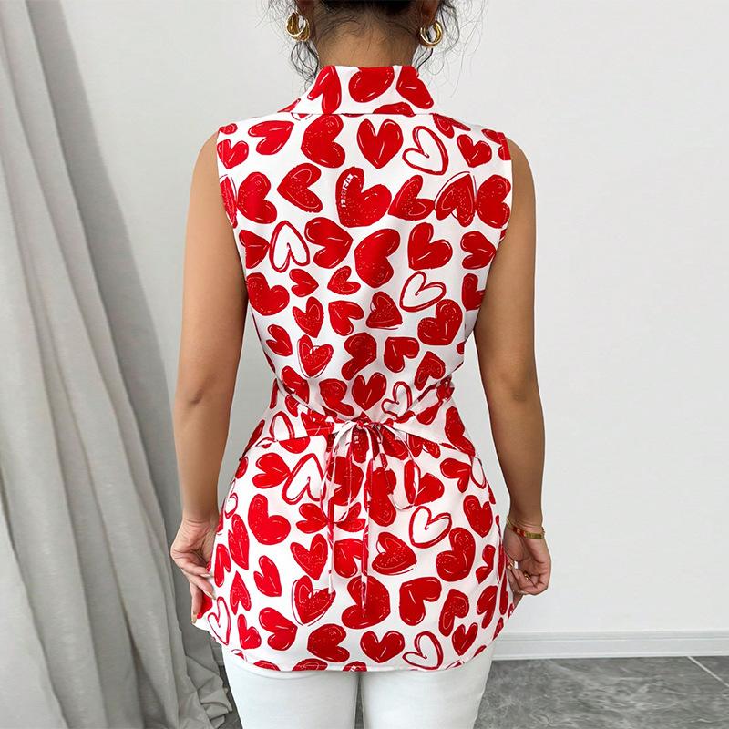2025 Summer Heart Print Blouse for Women Blusas Mujer Irregular Straps Tops Single Breasted Slim Waist Shirts Fashion Y2k Shirts