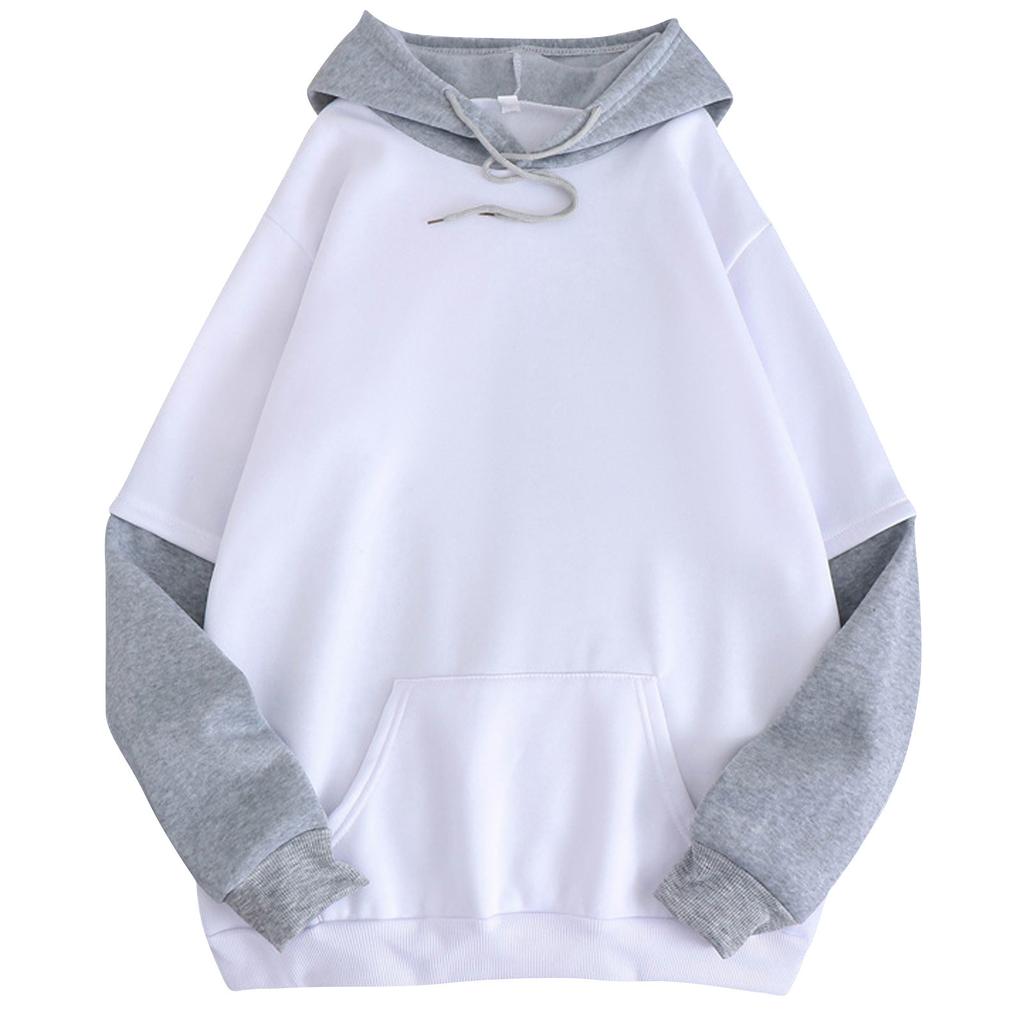 Women Casual Solid Long Sleeve Splited Patchwork Hoodie Sweatshirt Pullover Top