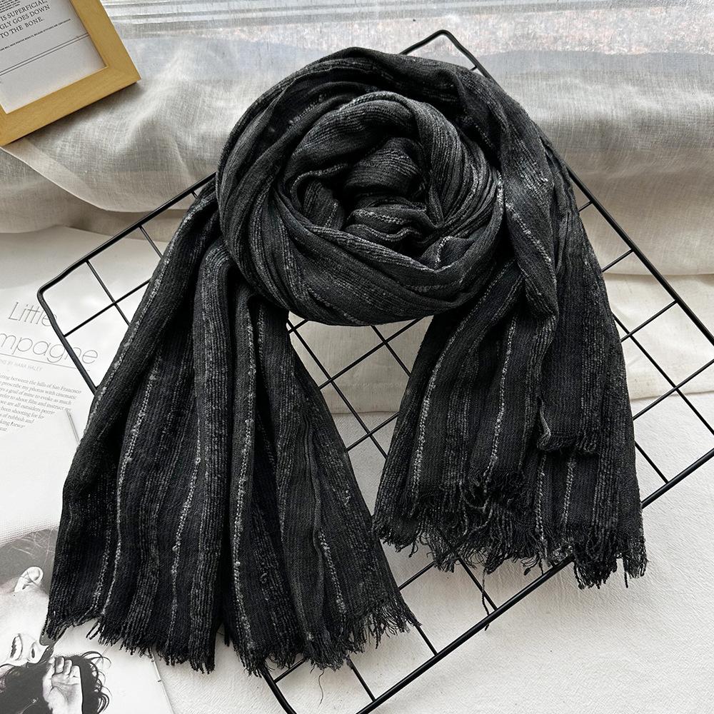 Autumn and winter new solid color blended polyester and cotton scarf women's retro dirty dyed striped shawl versatile scarf men