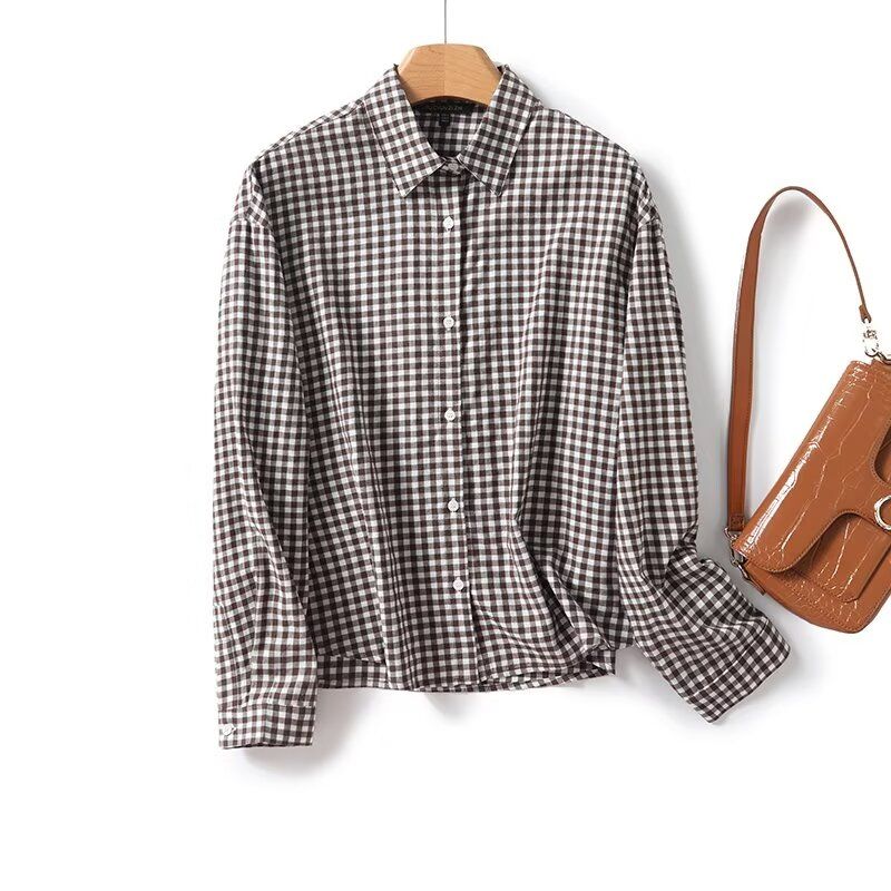 

MD Women s French Intelligence Commute Style Plaid Plaid Cotton Short Long Sleeves Shirt 05113769700 Brown L