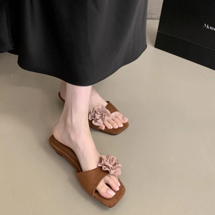 Fashion Women French Flowers Slippers Summer Slides Open Toe Flat Casual Shoes Leisure Sandal Female Vacation Beach Flip Flops