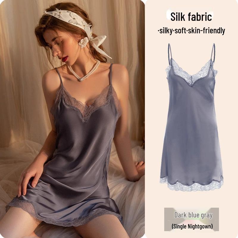 Camisón de Encaje de Seda de Hielo de Alta Gama Verano 2025 para Mujer - Estilo Puro Deseo con Almohadilla en el Pecho, Talla Grande Disponible