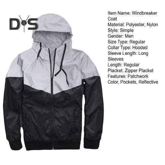 Men Autumn Windbreaker Hooded Drawstring Long Sleeve Reflective Color-Blocked Jacket Coat Zipper Placket Pockets Street Style Outwear