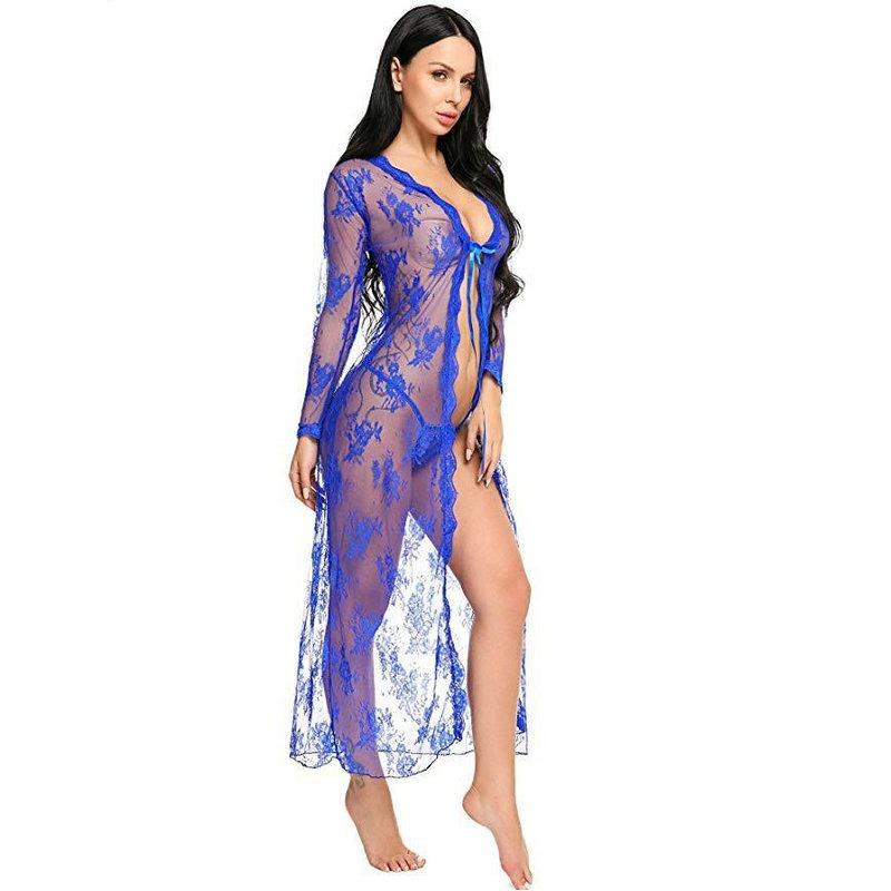 Sex underwear Sexy lace perspective long-sleeved nightgown large size black cardigan long skirt perspective